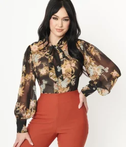 Unique Vintage Blouses>1930s Black & Vintage Floral Bouquet Print Gwen Blouse