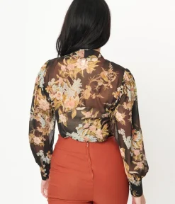 Unique Vintage Blouses>1930s Black & Vintage Floral Bouquet Print Gwen Blouse