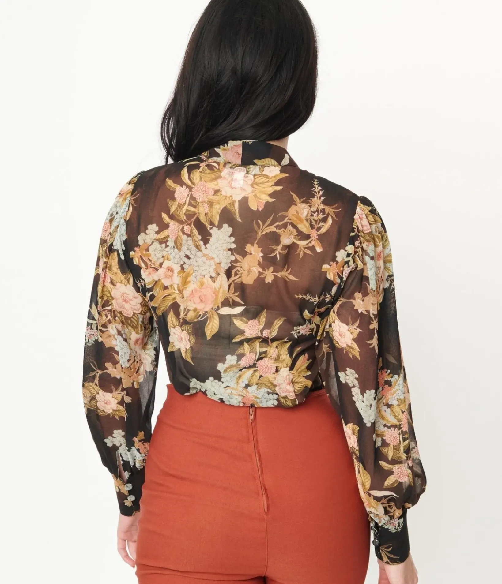 Unique Vintage Blouses>1930s Black & Vintage Floral Bouquet Print Gwen Blouse