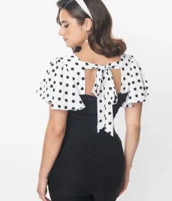 Unique Vintage Blouses>1930s Black & White Dot Flutter Sleeve Blouse