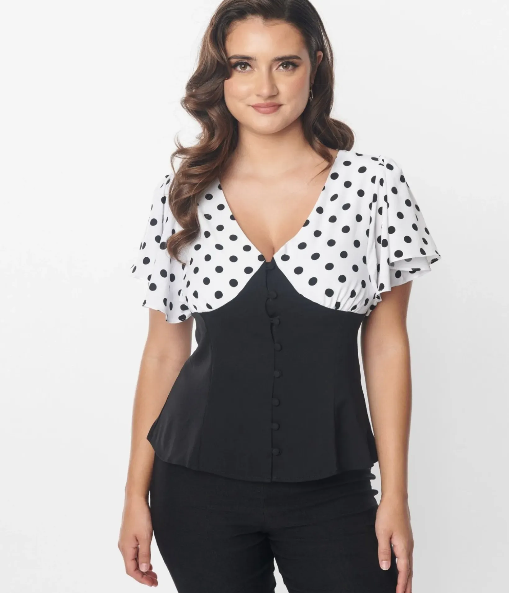 Unique Vintage Blouses>1930s Black & White Dot Flutter Sleeve Blouse