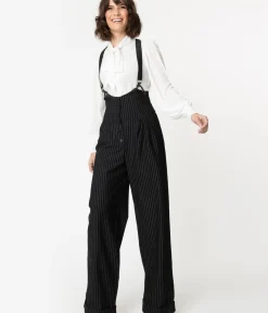 Unique Vintage Pants|All Things Black>1930s Black & White Pin Stripe Thelma Suspender Pants