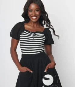 Unique Vintage All Things Black>1940s Black & White Stripe Chiffon Puff Sleeve Bodysuit