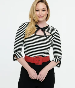 Unique Vintage All Things Black>1950s Black & White Stripe Cutout Neck Tie Top