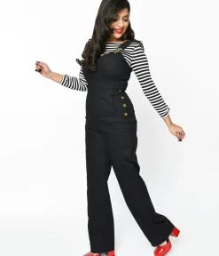 Unique Vintage Pants|All Things Black>1950s Black Wide Leg Overalls