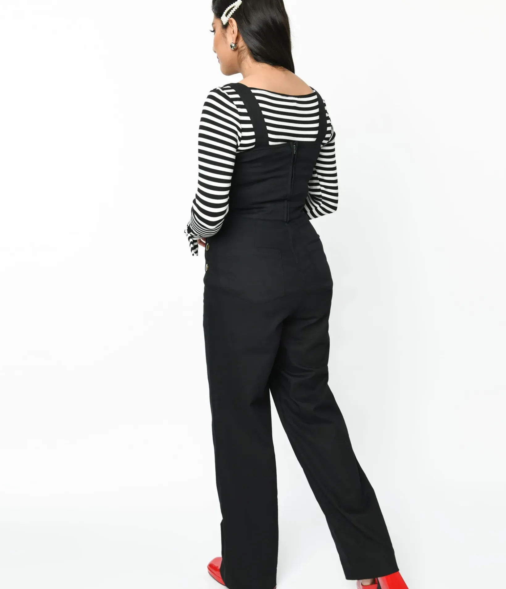 Unique Vintage Pants|All Things Black>1950s Black Wide Leg Overalls