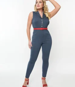 Unique Vintage Rompers & Jumpsuits|Rompers & Jumpsuits>1950s Blue Denim & Red Belt Skinny Jumpsuit