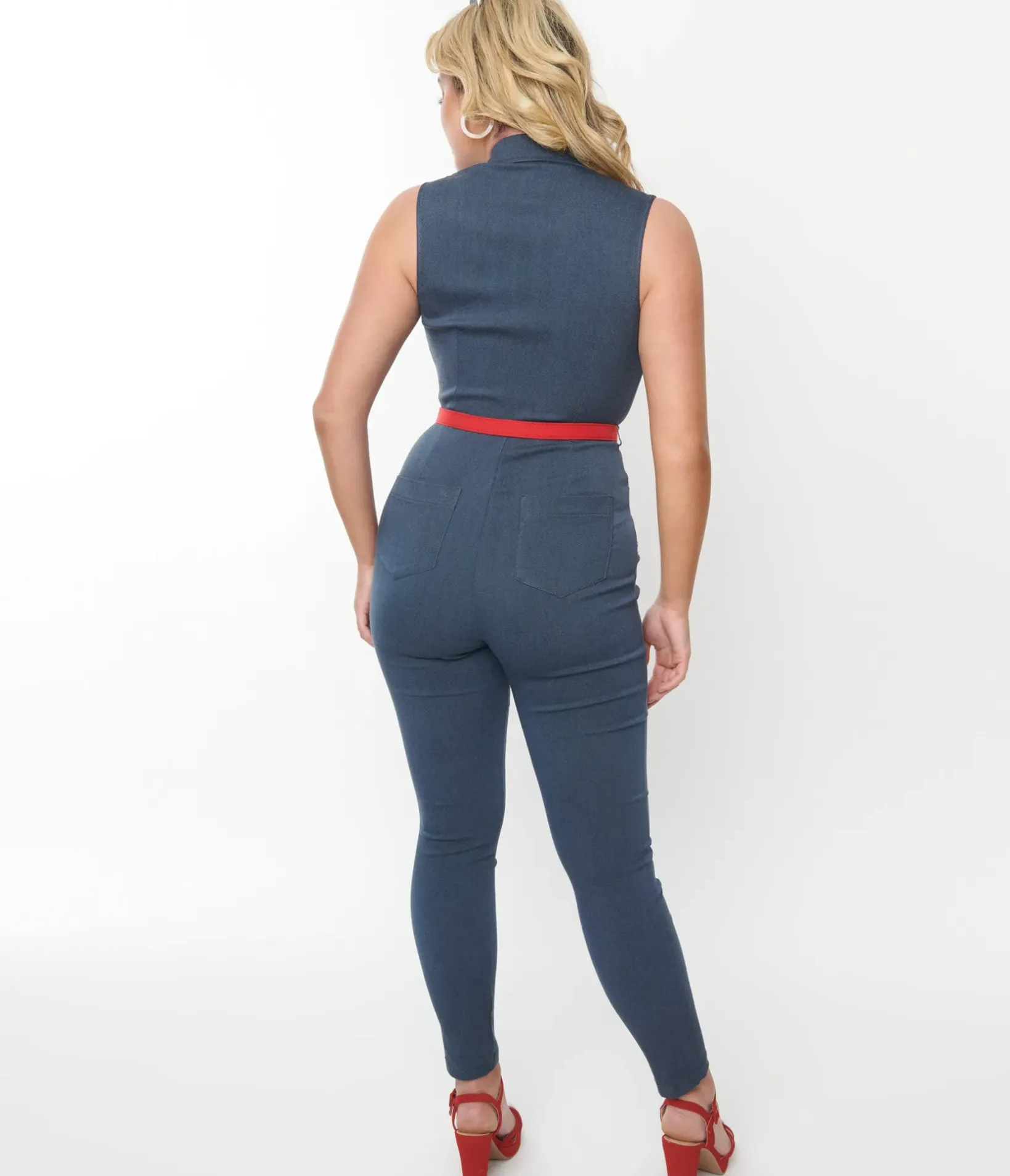 Unique Vintage Rompers & Jumpsuits|Rompers & Jumpsuits>1950s Blue Denim & Red Belt Skinny Jumpsuit