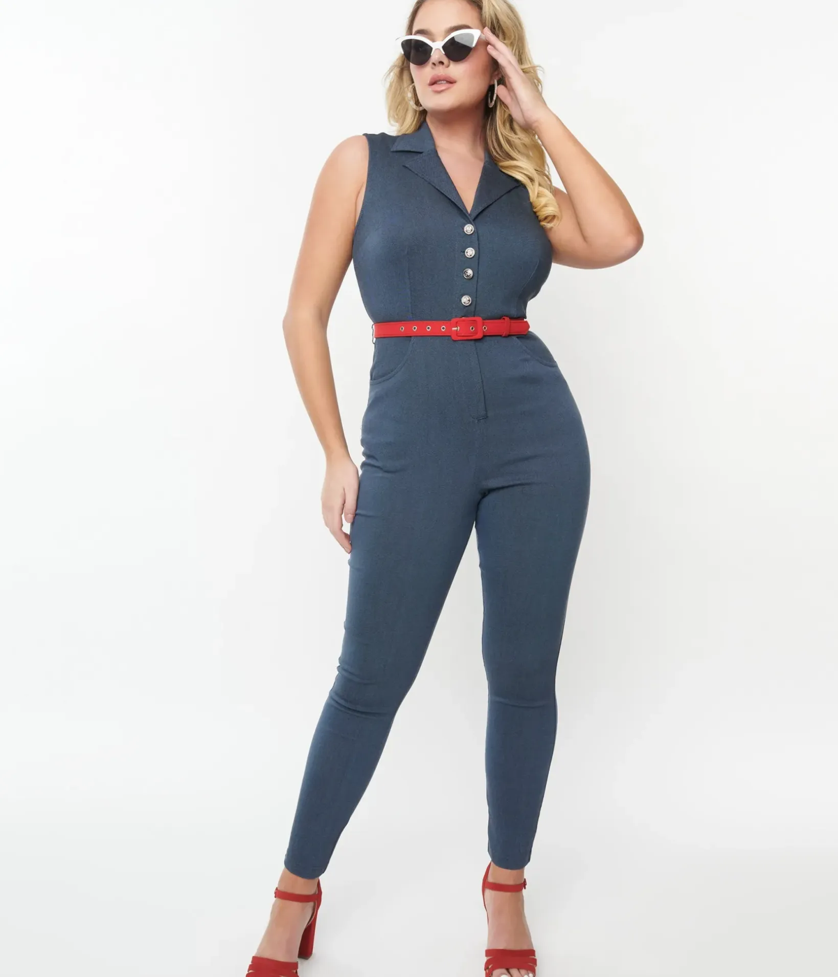 Unique Vintage Rompers & Jumpsuits|Rompers & Jumpsuits>1950s Blue Denim & Red Belt Skinny Jumpsuit