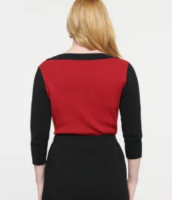 Unique Vintage Sweaters & Cardigans>1950s Burgundy & Black Cat Sleeve Minou Sweater
