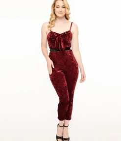 Unique Vintage Rompers & Jumpsuits>1950s Burgundy Crushed Velvet Cropped Jumpsuit