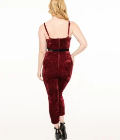 Unique Vintage Rompers & Jumpsuits>1950s Burgundy Crushed Velvet Cropped Jumpsuit