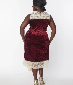 Unique Vintage Everyday Dresses|Special Occasion>1920s Burgundy Crushed Velvet & Ivory Lace Flapper Dress