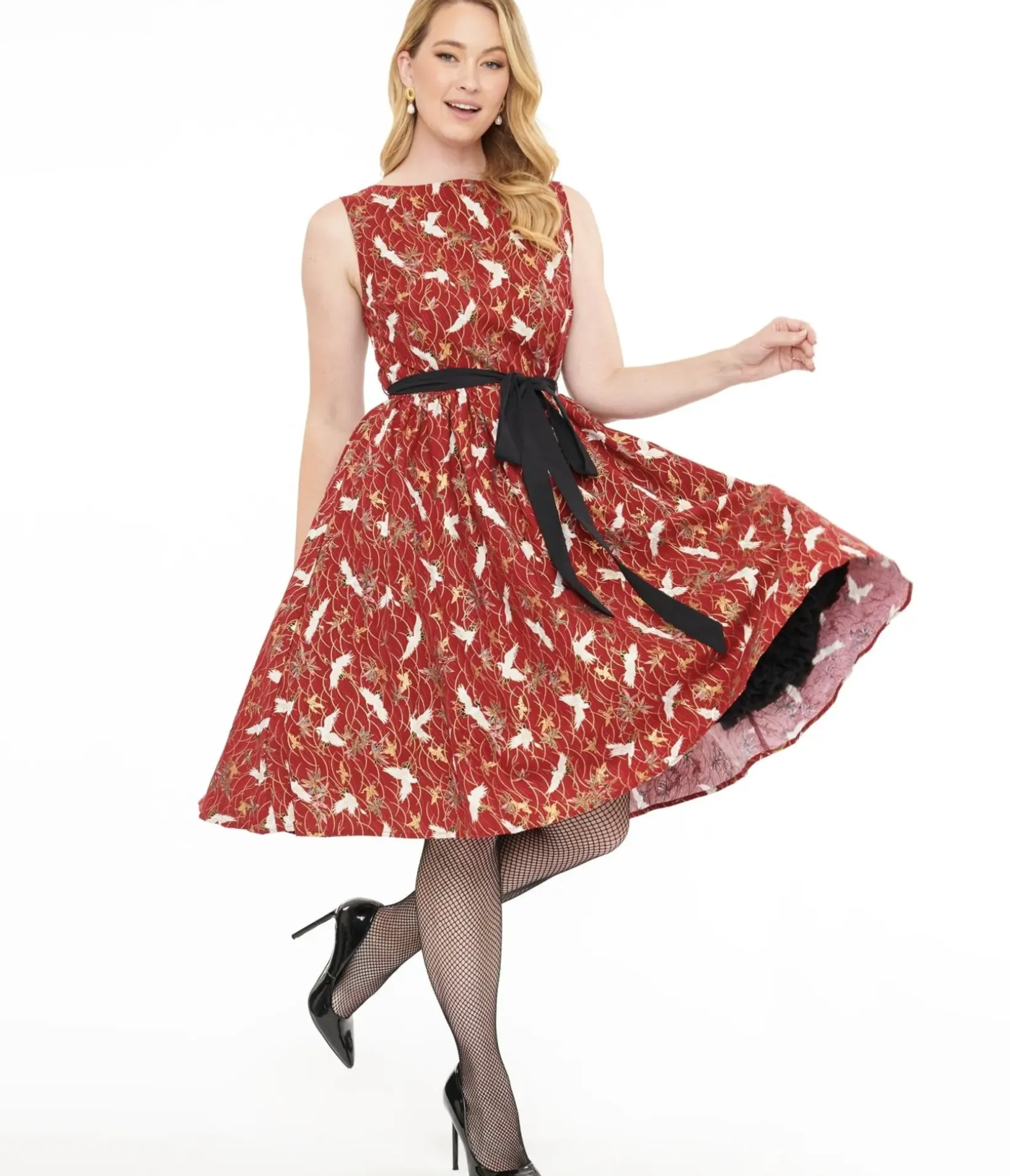Unique Vintage Swing|Pocket Dresses>1950s Burgundy Fall Crane Sleeveless Swing Dress