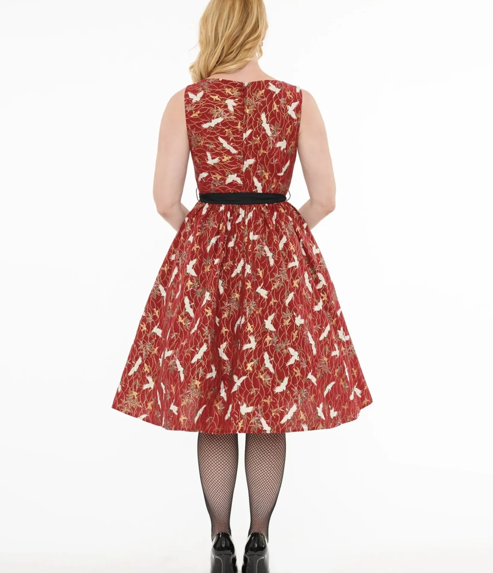 Unique Vintage Swing|Pocket Dresses>1950s Burgundy Fall Crane Sleeveless Swing Dress