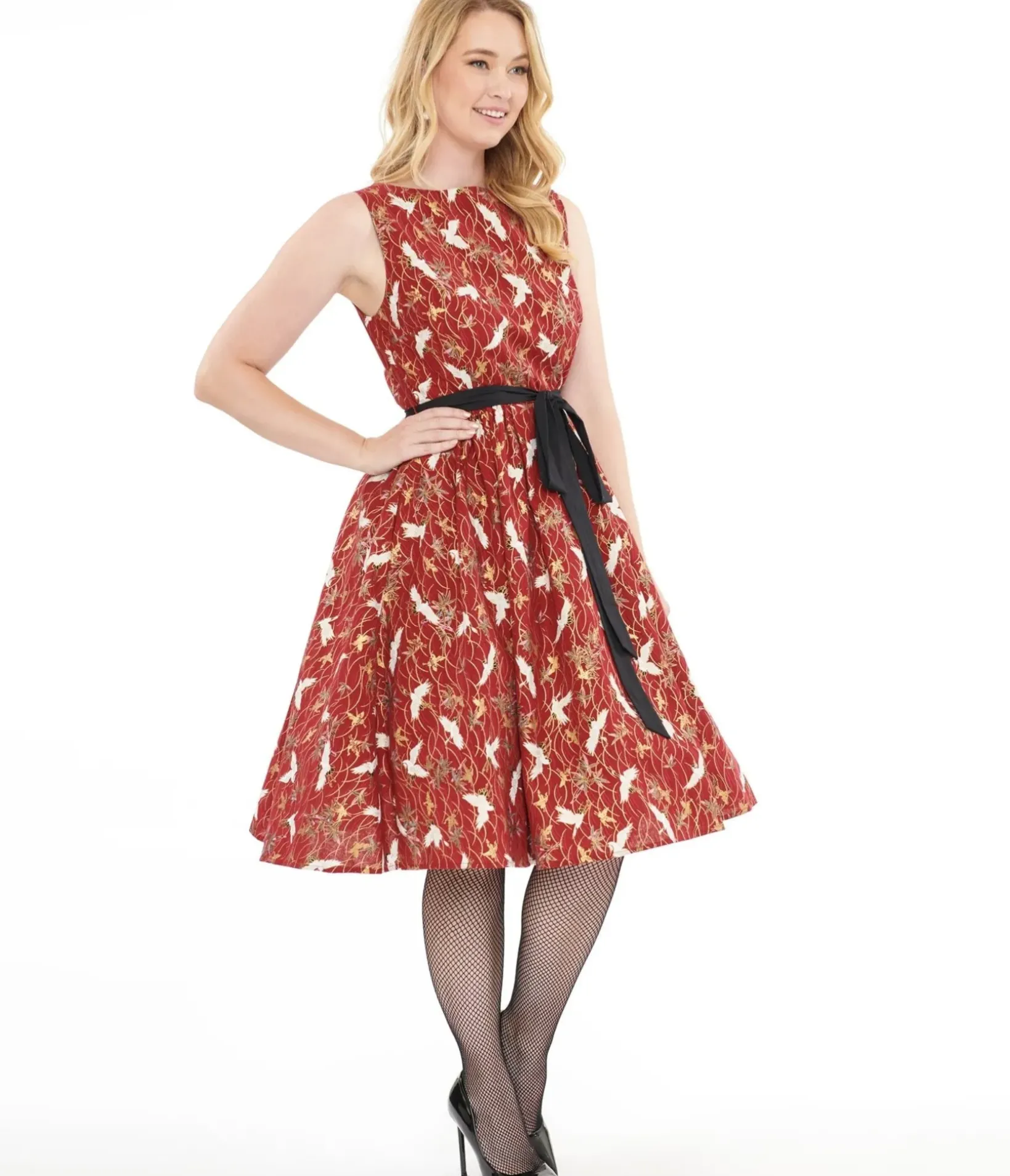 Unique Vintage Swing|Pocket Dresses>1950s Burgundy Fall Crane Sleeveless Swing Dress