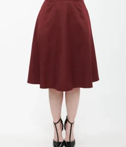 Unique Vintage Skirts>1950s Burgundy High Waist Vivien Swing Skirt