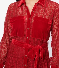Unique Vintage Maxi|Everyday Dresses>1970s Burgundy Lace Blanche Maxi Shirtdress