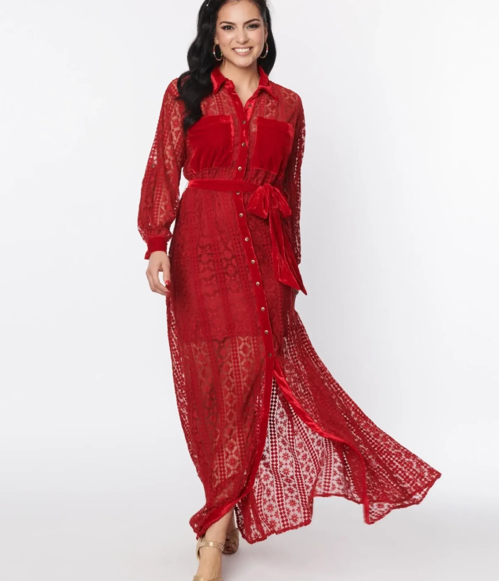 Unique Vintage Maxi|Everyday Dresses>1970s Burgundy Lace Blanche Maxi Shirtdress
