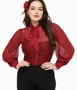 Unique Vintage Disney Bounding|Work Wear>1940s Burgundy Lace Gwen Blouse