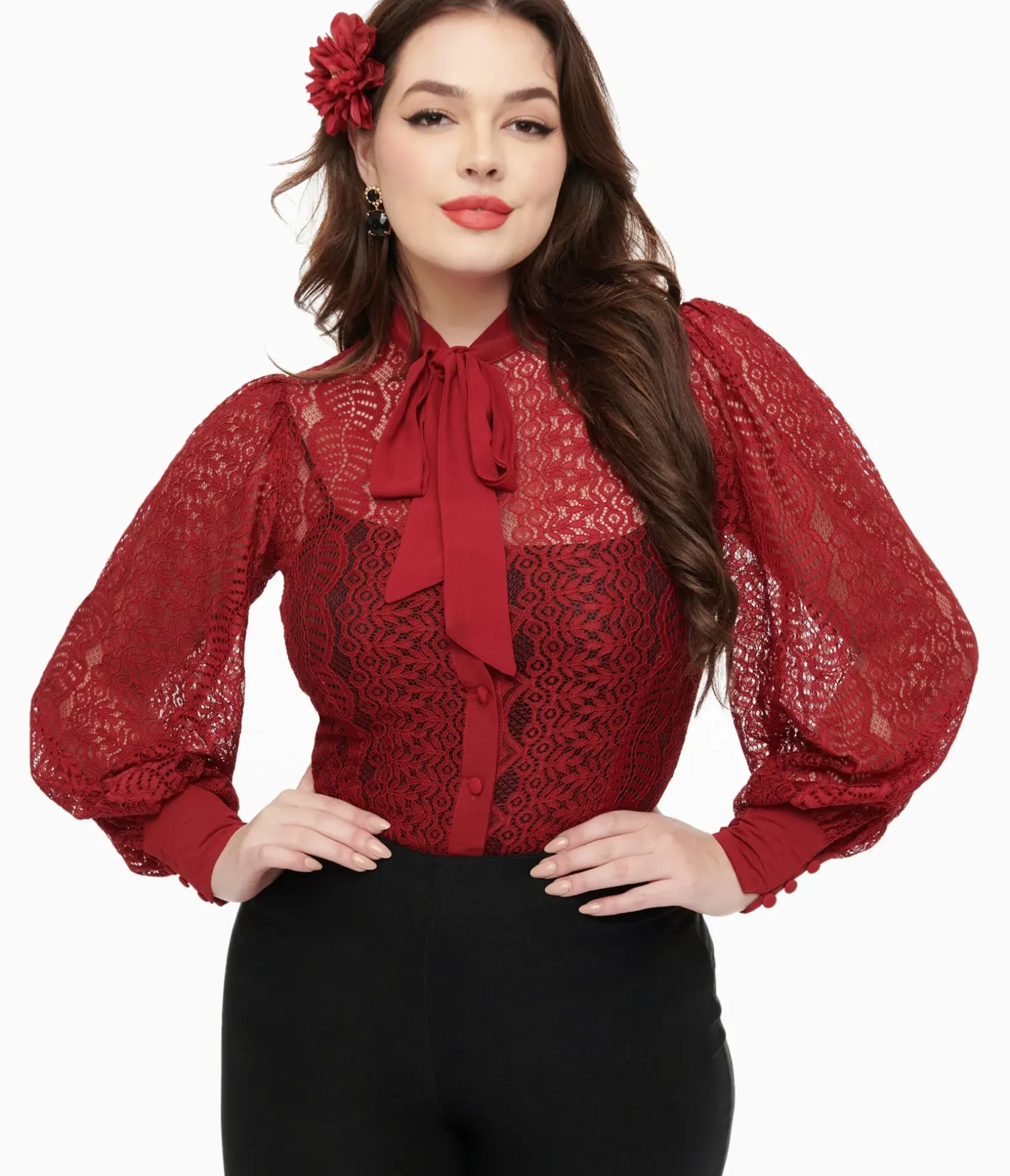 Unique Vintage Disney Bounding|Work Wear>1940s Burgundy Lace Gwen Blouse