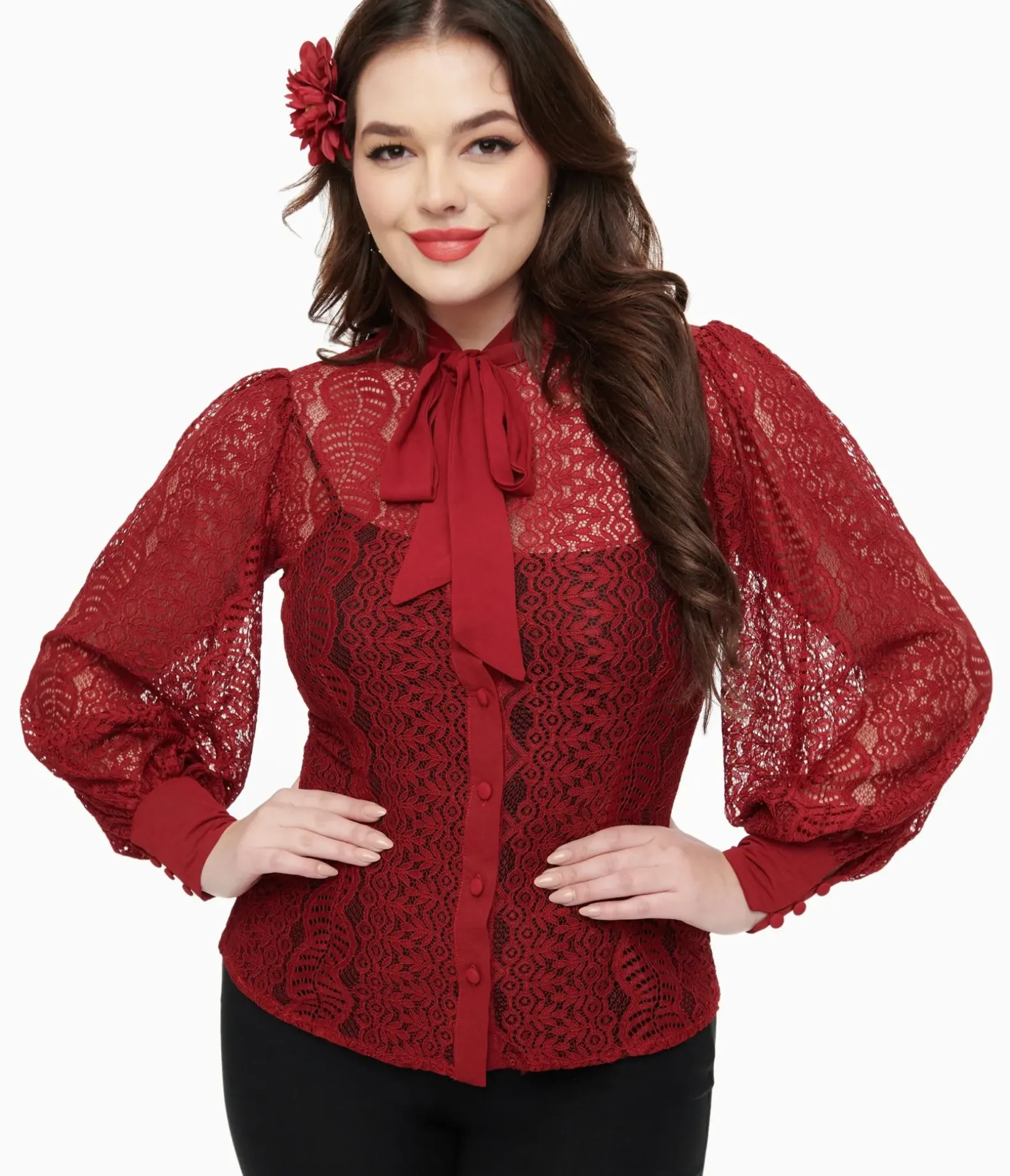 Unique Vintage Disney Bounding|Work Wear>1940s Burgundy Lace Gwen Blouse