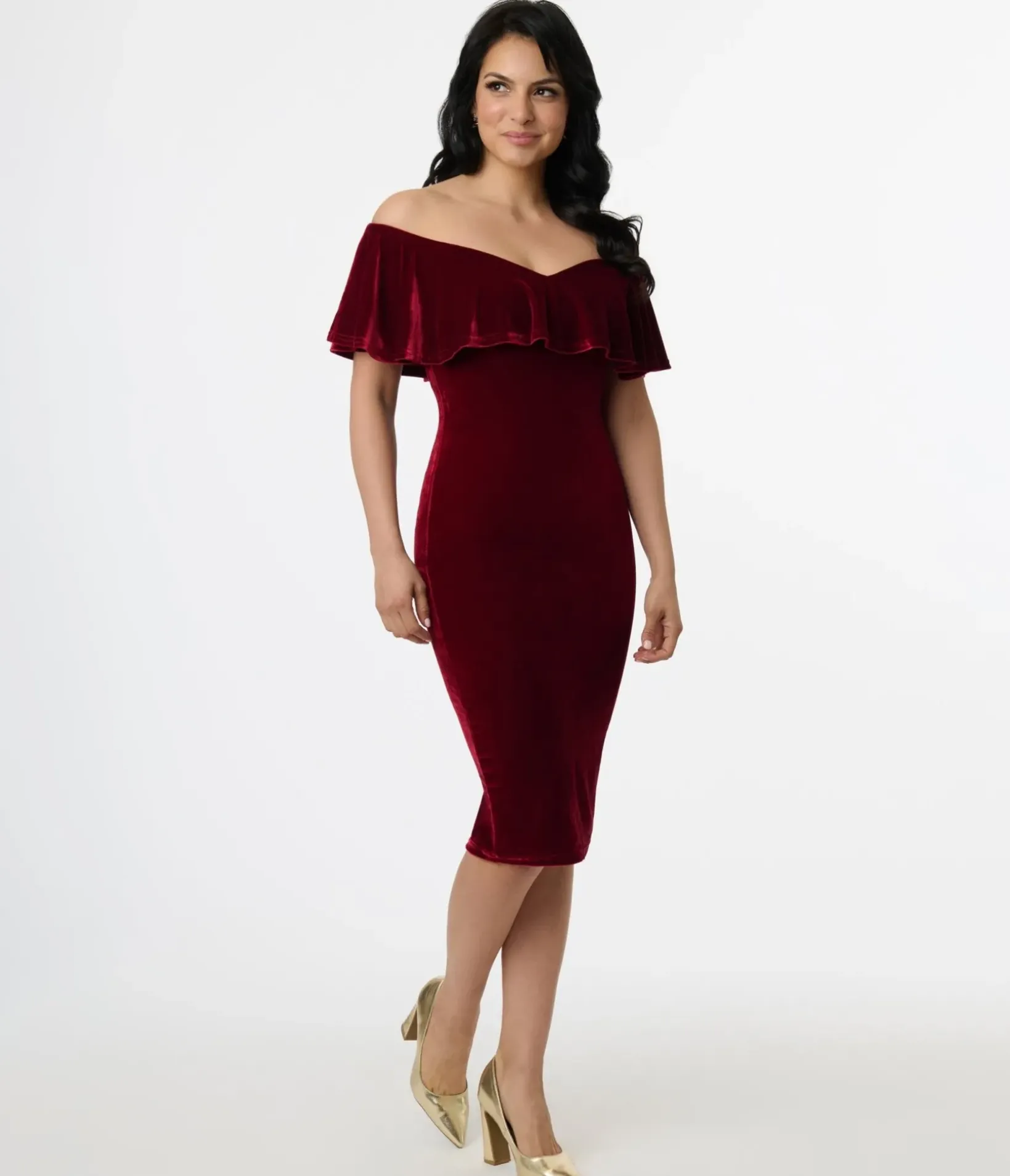 Unique Vintage Pencil|Everyday Dresses>1950s Burgundy Red Velvet Sophia Wiggle Dress