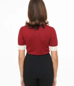 Unique Vintage Sweaters & Cardigans|Work Wear>1950s Burgundy & Rhinestone Buttons Prim & Pretty Sweater