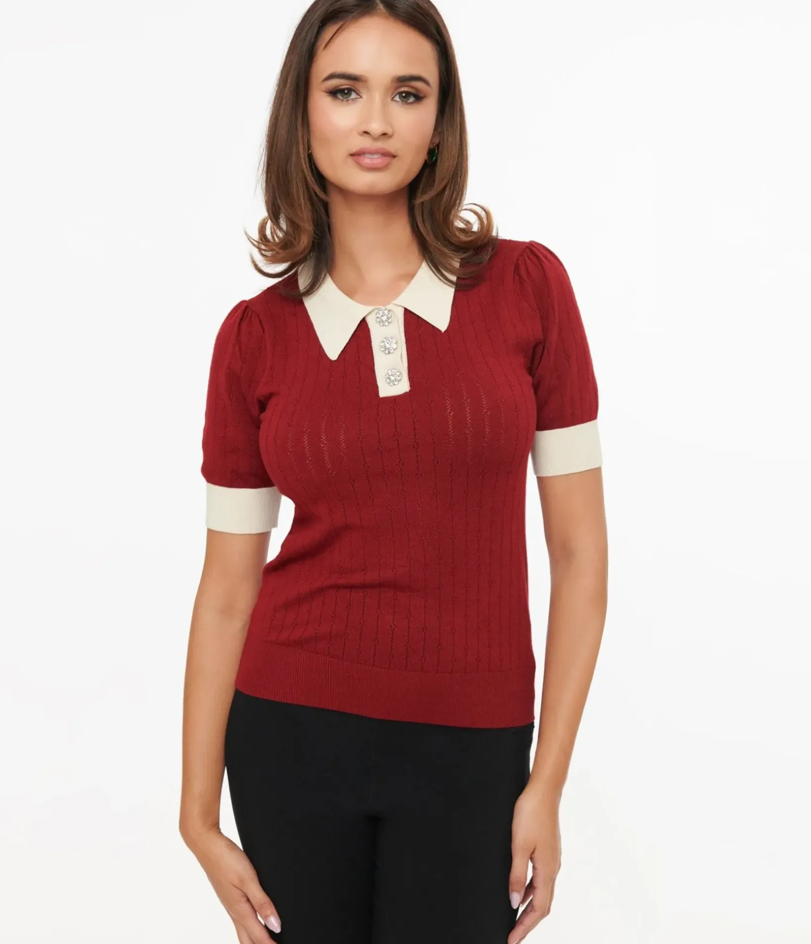 Unique Vintage Sweaters & Cardigans|Work Wear>1950s Burgundy & Rhinestone Buttons Prim & Pretty Sweater