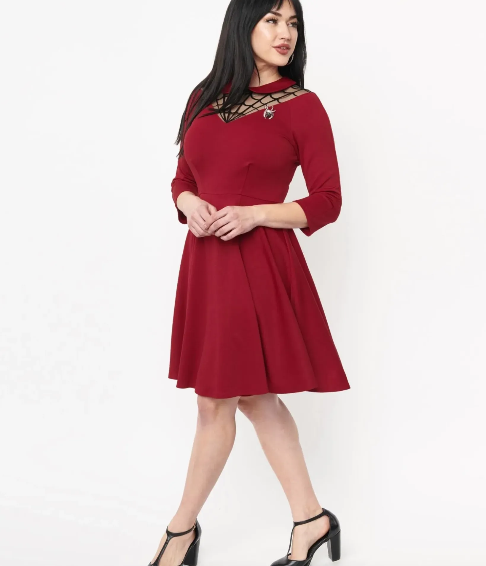 Unique Vintage Fit & Flare|Everyday Dresses>1950s Burgundy Spiderweb Endora Fit & Flare Dress