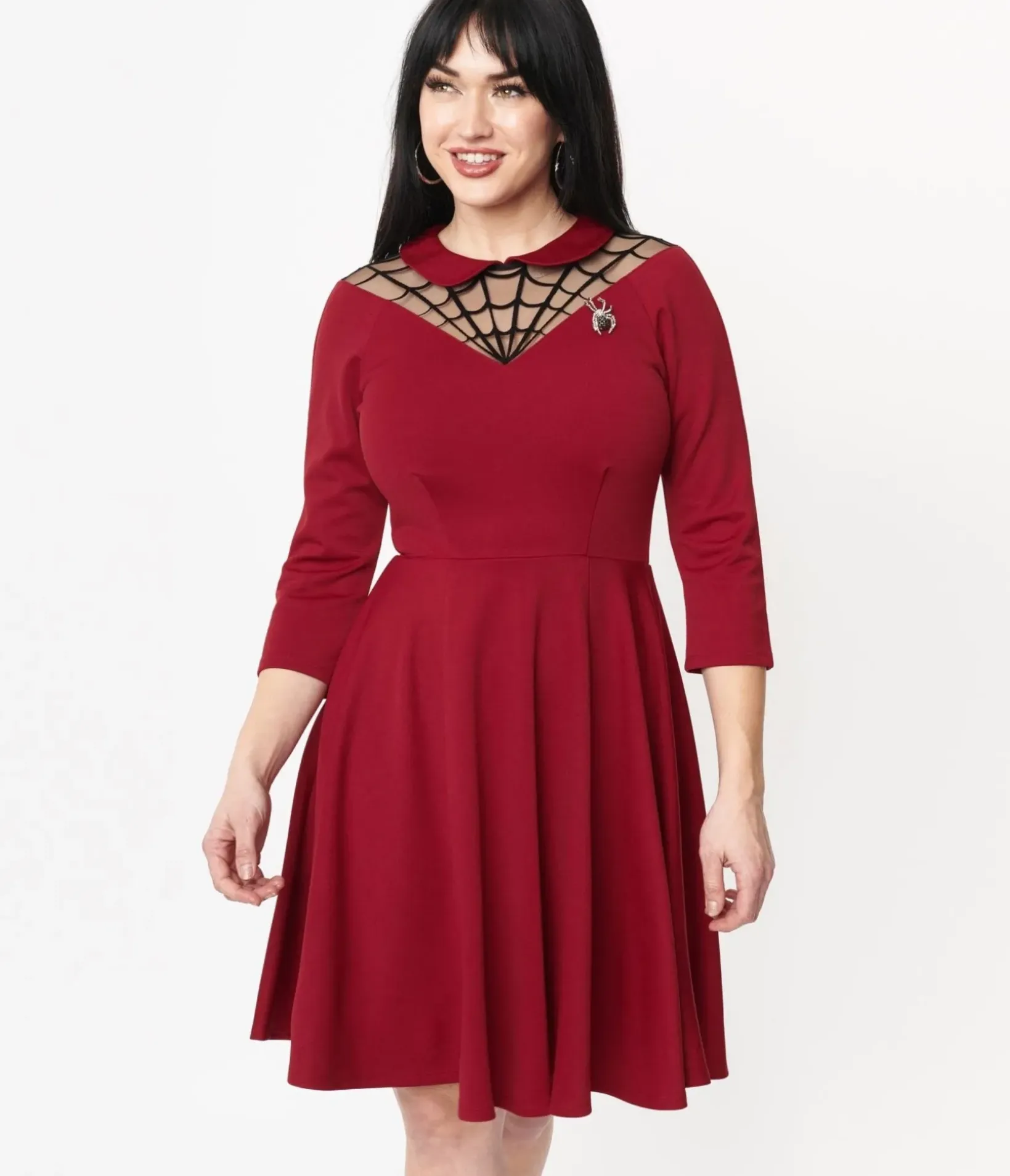 Unique Vintage Fit & Flare|Everyday Dresses>1950s Burgundy Spiderweb Endora Fit & Flare Dress