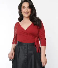 Unique Vintage Work Wear>1970s Burgundy Surplice Bodysuit