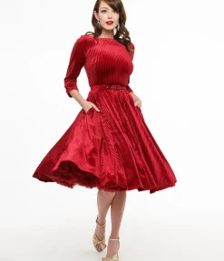 Unique Vintage Swing|Pocket Dresses>1950s Burgundy Textured Velvet Devon Swing Dress