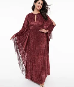 Unique Vintage Maxi|Caftans>1960s Burgundy Velvet Burnout Caftan