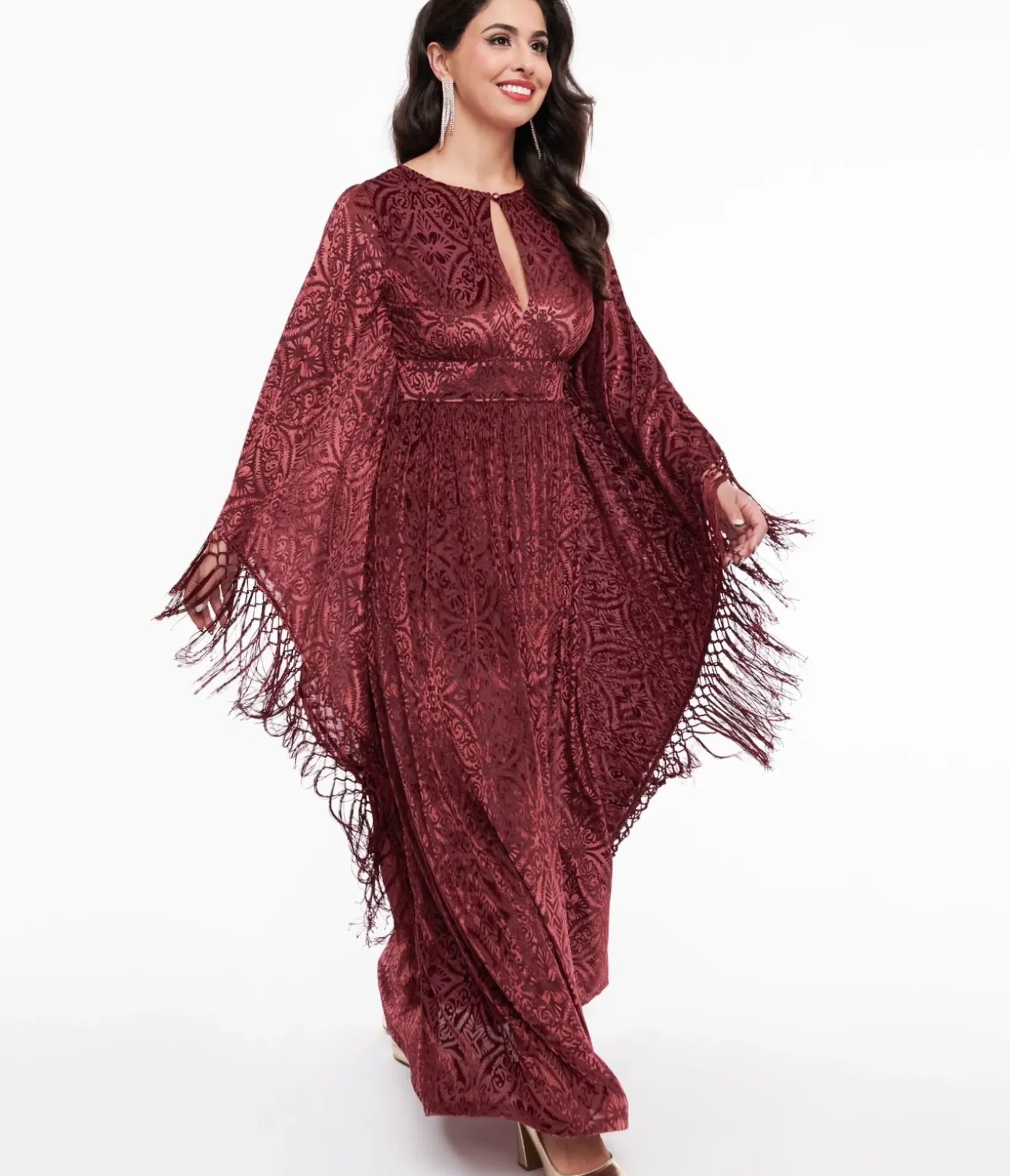 Unique Vintage Maxi|Caftans>1960s Burgundy Velvet Burnout Caftan