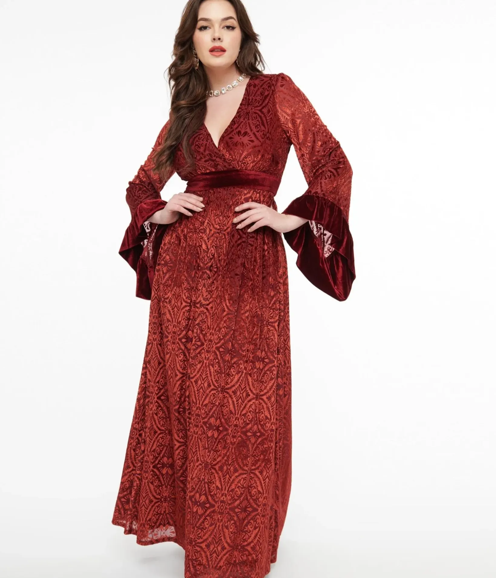 Unique Vintage Maxi|Everyday Dresses>1970s Burgundy Velvet Burnout Maxi Dress