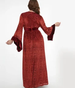 Unique Vintage Maxi|Everyday Dresses>1970s Burgundy Velvet Burnout Maxi Dress