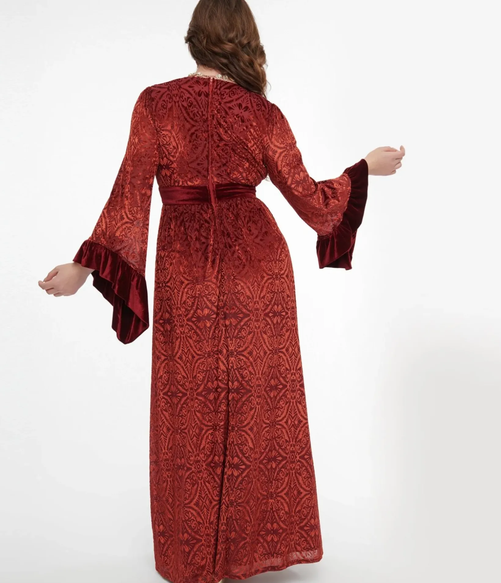 Unique Vintage Maxi|Everyday Dresses>1970s Burgundy Velvet Burnout Maxi Dress