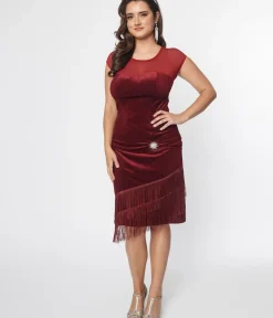 Unique Vintage Everyday Dresses|Special Occasion>1920s Burgundy Velvet Fringe Flapper Dress