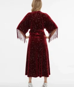 Unique Vintage Midi|Wrap Dresses>1970s Burgundy Velvet Silver Star Wrap Midi Dress