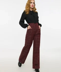 Unique Vintage Pants|Work Wear>1940s Burgundy Windowpane Buttoned Wide Leg Trousers