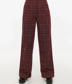 Unique Vintage Pants|Work Wear>1940s Burgundy Windowpane Buttoned Wide Leg Trousers
