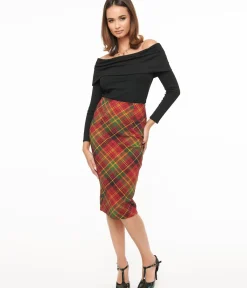 Unique Vintage Skirts|Skirts>1950s Burnt Orange & Green Plaid Tracy Pencil Skirt