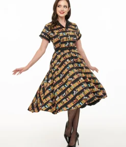 Unique Vintage Swing|Pocket Dresses>1950s Cat & Bookshelf Print Alexis Swing Dress