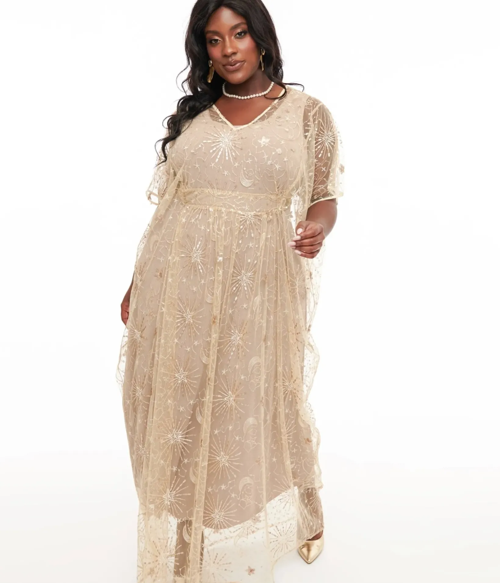 Unique Vintage Maxi|Caftans>1960s Champagne Celestial Sequin Caftan