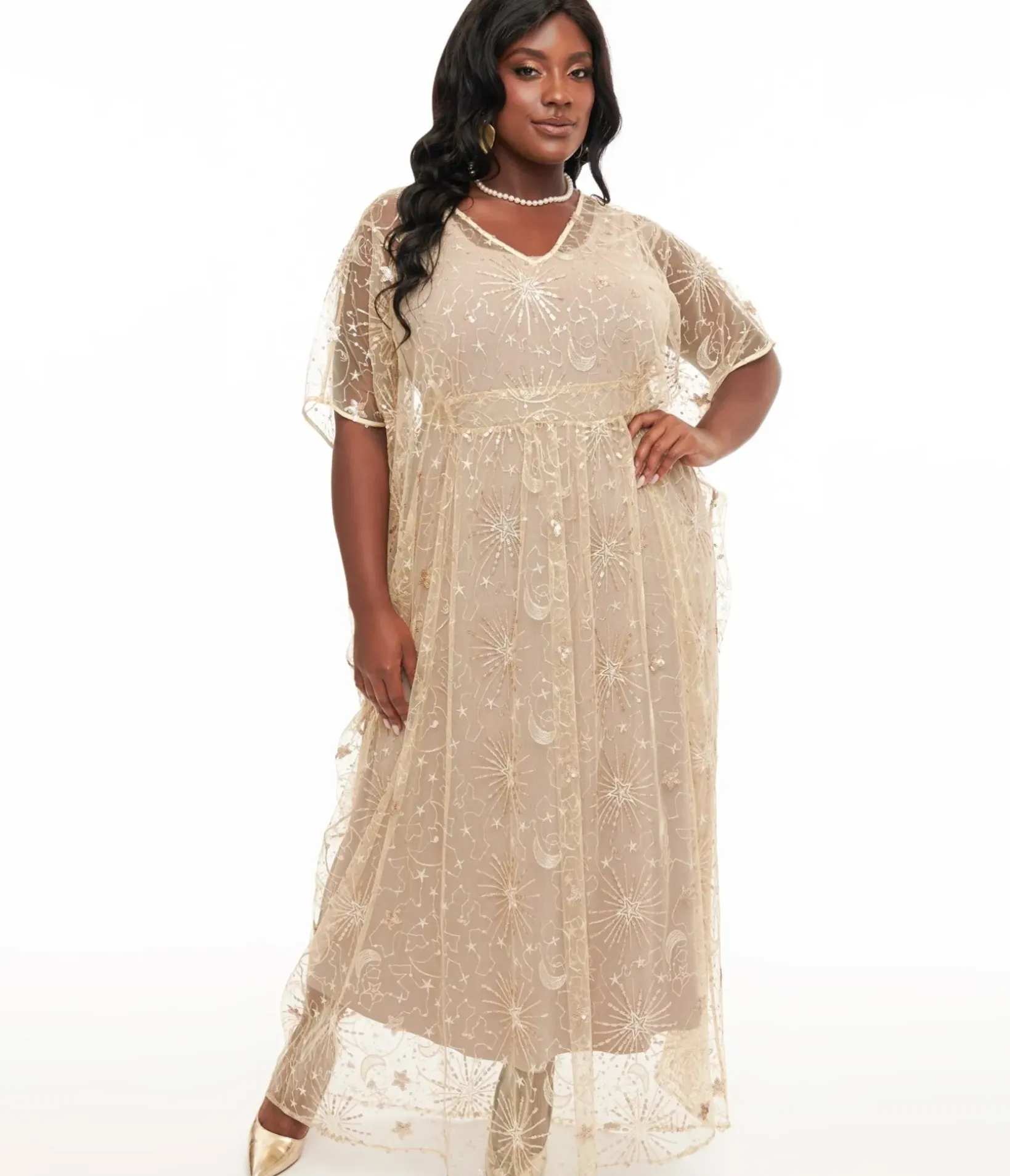 Unique Vintage Maxi|Caftans>1960s Champagne Celestial Sequin Caftan
