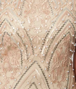 Unique Vintage Everyday Dresses|Special Occasion>1920s Champagne Sequin & Pearl Sleeveless Flapper Dress