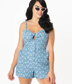 Unique Vintage Rompers & Jumpsuits>1960s Cotton Chambray Floral Eyelet Hayward Romper
