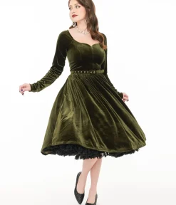 Unique Vintage Swing|Everyday Dresses>1950s Dark Olive Velvet Sweetheart Swing Dress