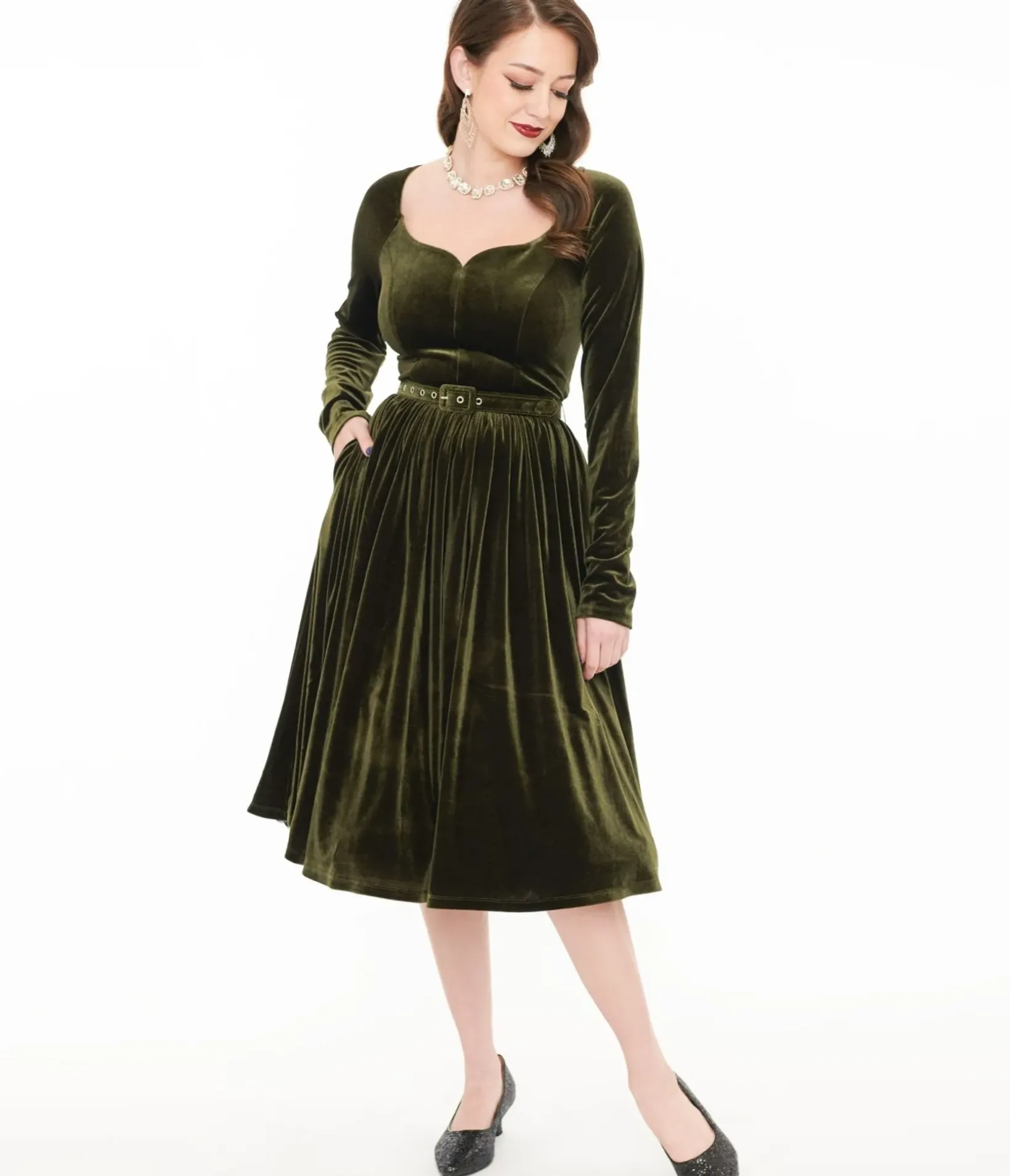 Unique Vintage Swing|Everyday Dresses>1950s Dark Olive Velvet Sweetheart Swing Dress